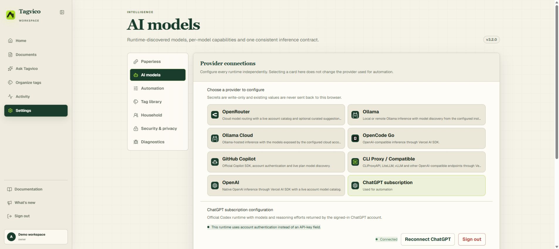 Tagvico v3.2 AI model settings with the provider registry and write-only credential boundary