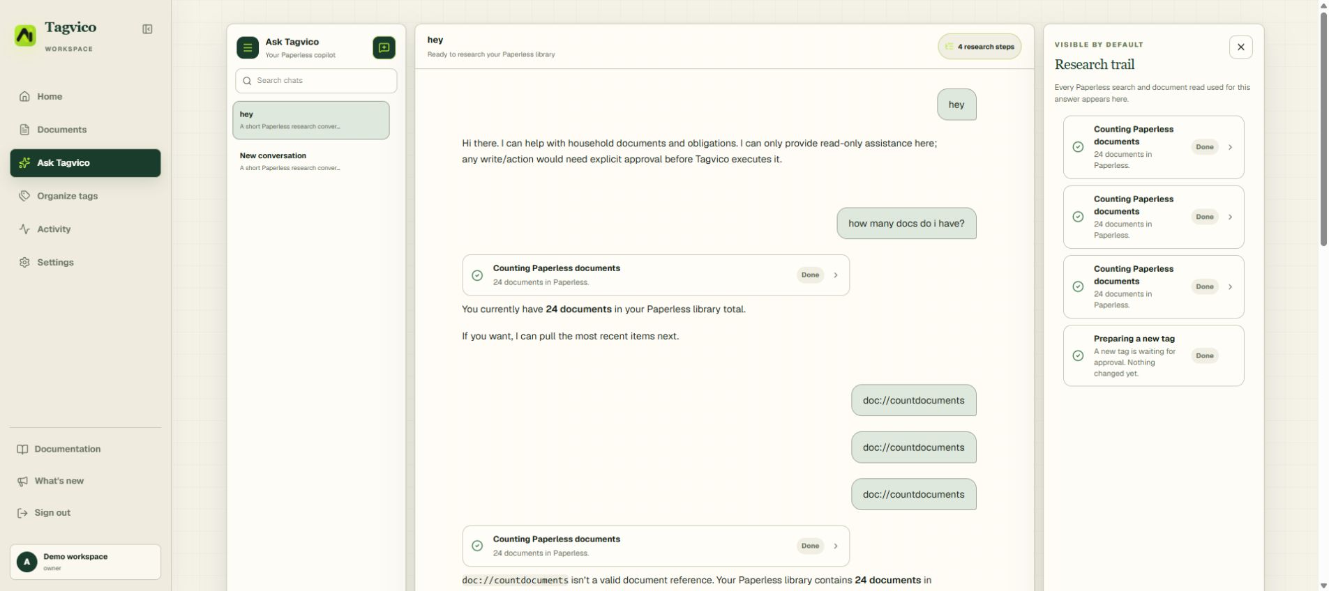 Tagvico v3.2 Ask Tagvico workspace with persistent conversations, approval boundary, composer, configured model and visible research trail