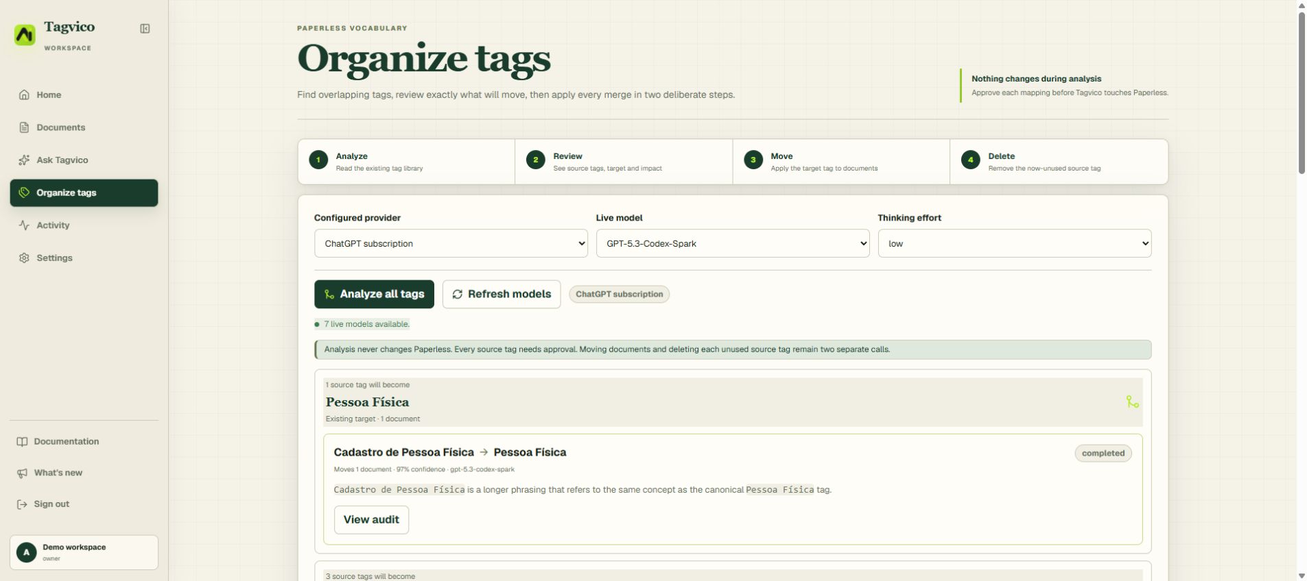 Tagvico v3.2 Organize tags workspace showing several source tags becoming one canonical target