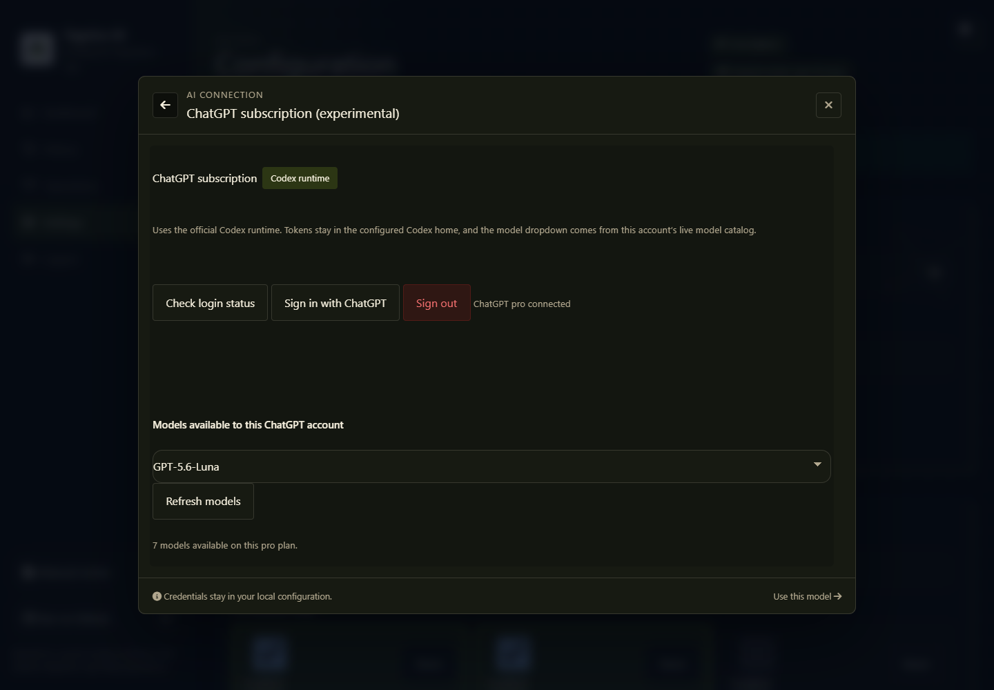 Sanitized ChatGPT subscription model selector in Tagvico settings