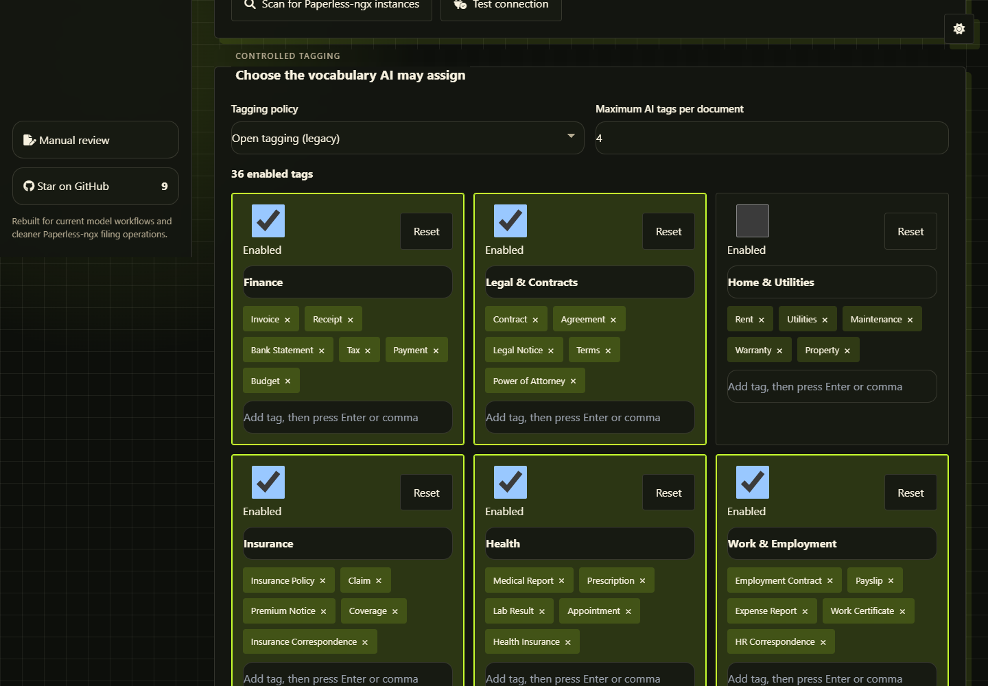 Controlled tagging groups with generic finance, legal, home, insurance, health, and work tags