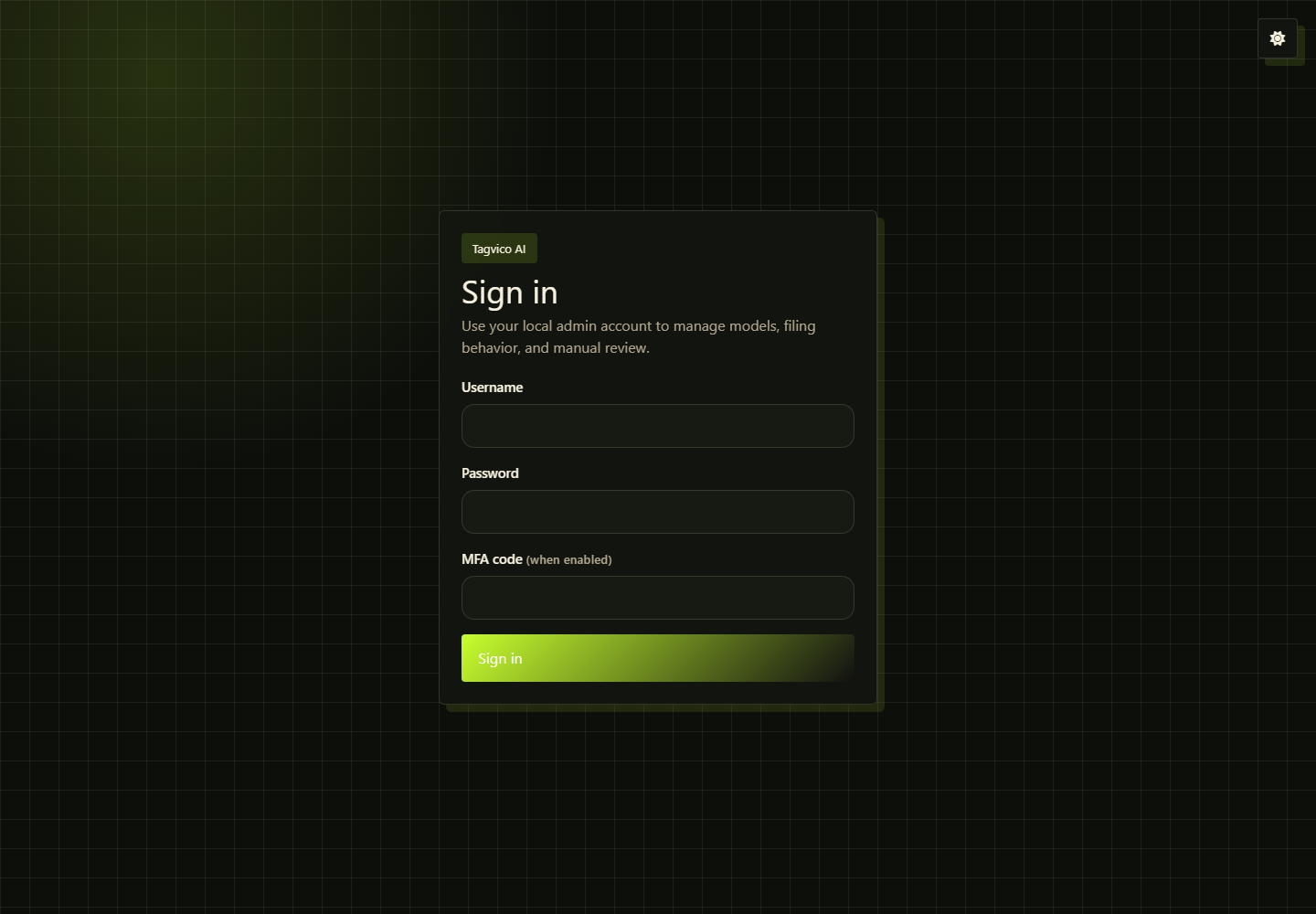 Tagvico AI v2 sign-in screen captured from a clean VM 113 browser session