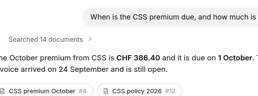 A Tagvico answer to the question when the CSS premium is due, with the two Paperless documents it used shown as source pills