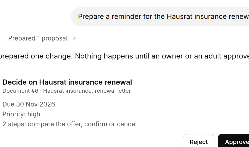 A Tagvico proposal to decide on an insurance renewal, with Reject and Approve buttons and the note that nothing happens until an owner or adult approves