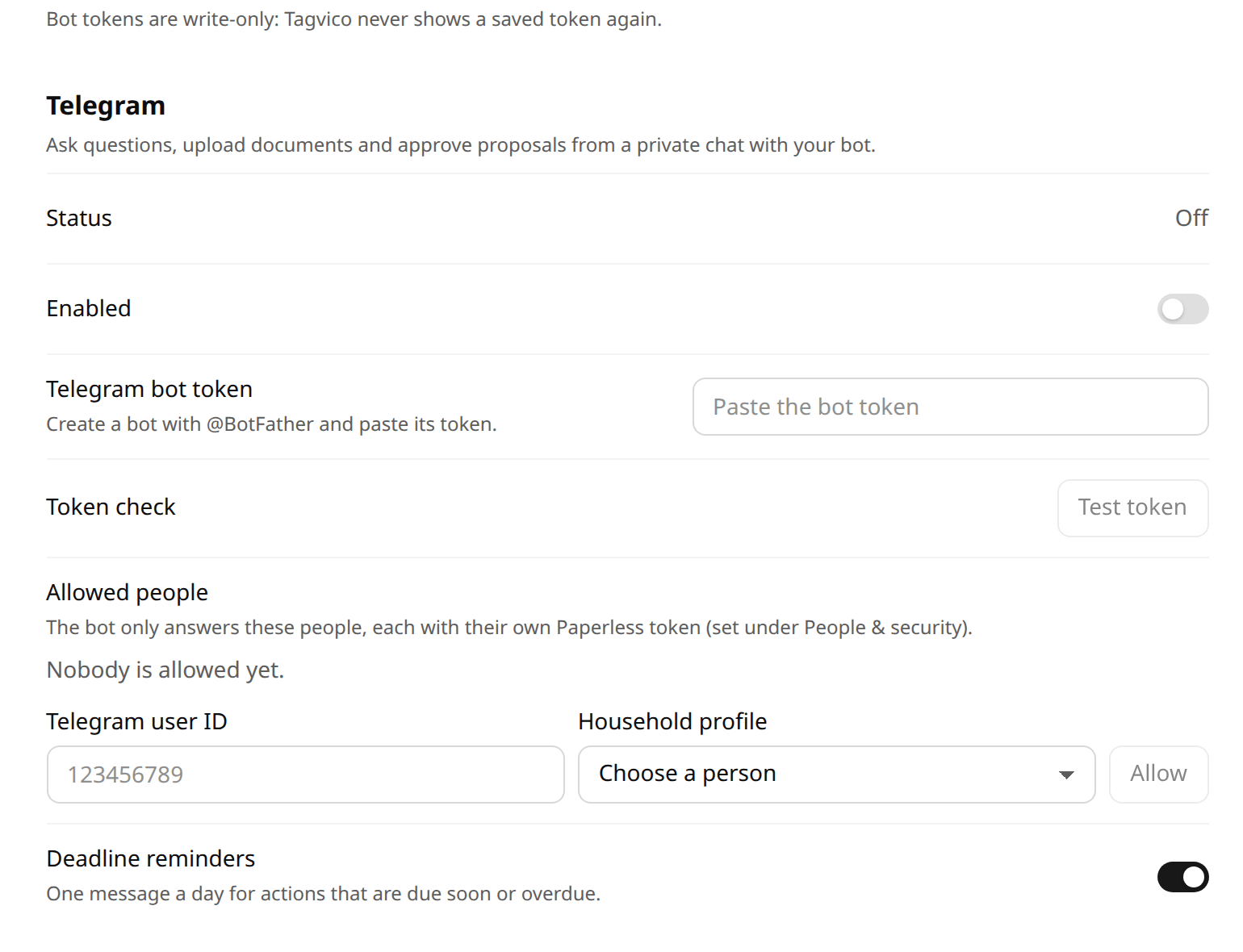 Tagvico channel settings for Telegram, with a bot token field, allowed people and deadline reminders
