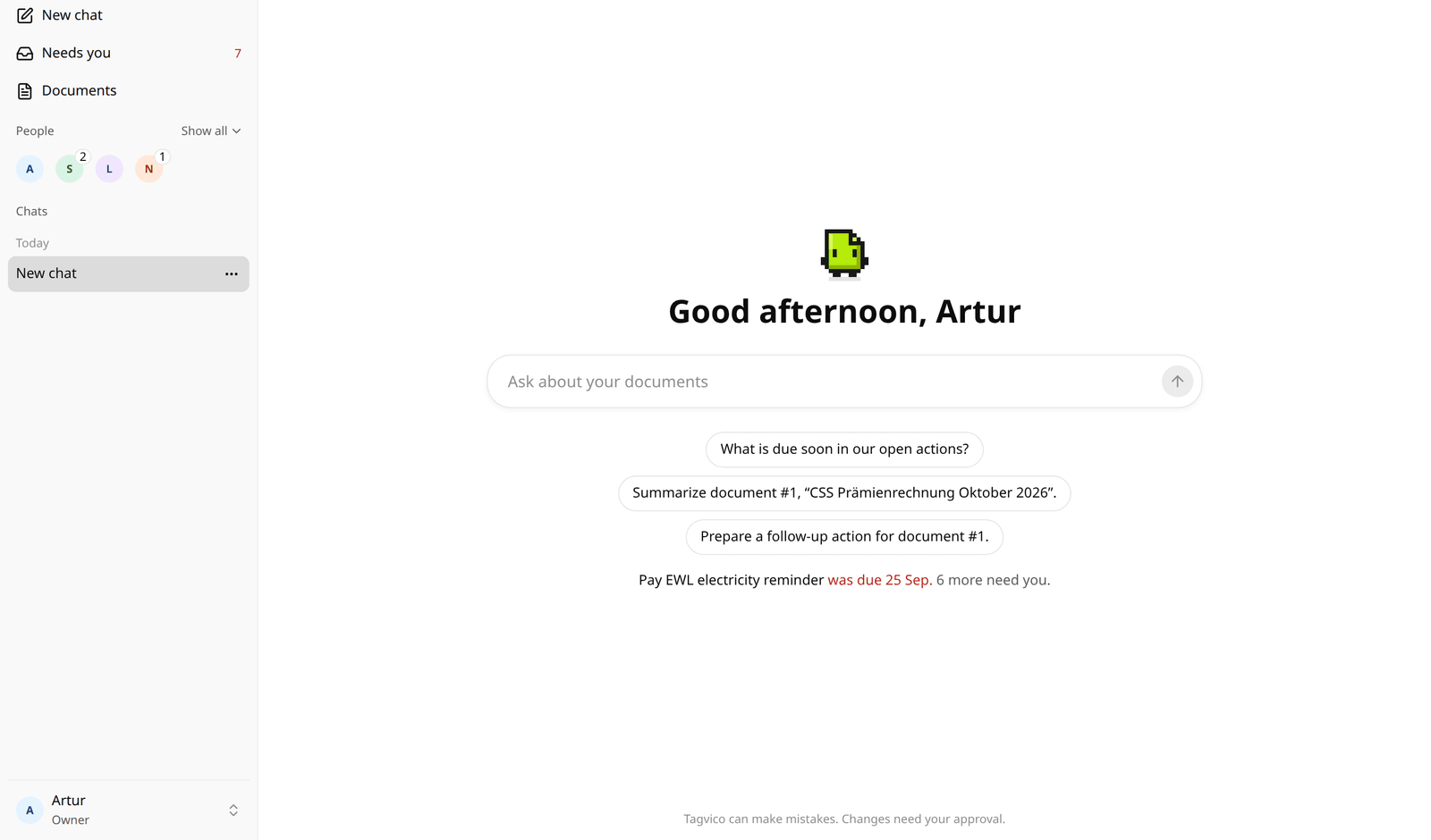 The Tagvico start page: a message box that says Ask about your documents, suggested questions and the most urgent open item