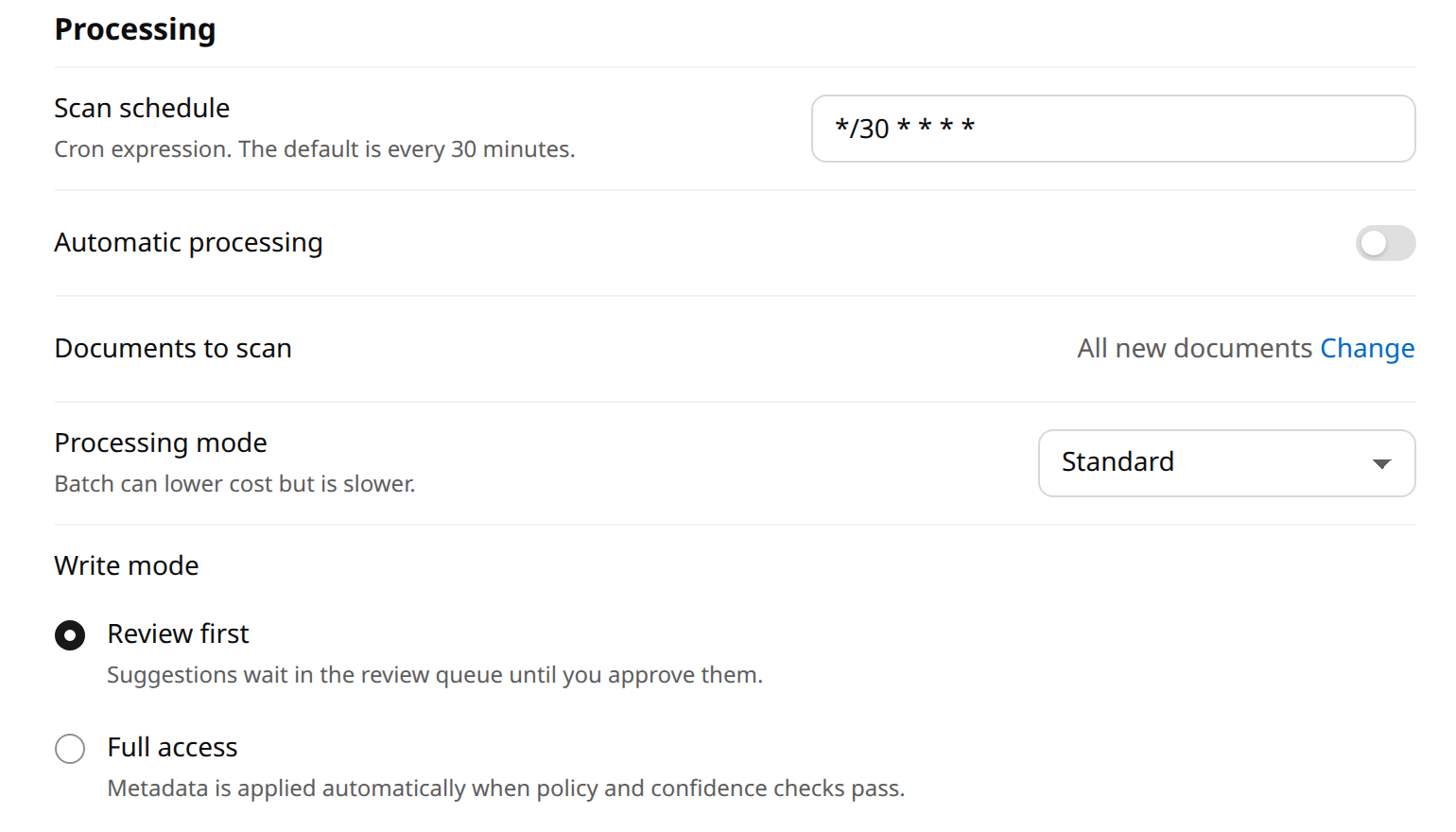 Tagvico automation settings with the Review first write mode selected