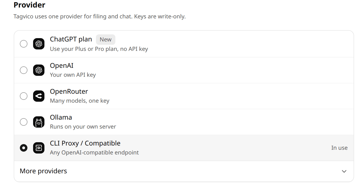 Tagvico provider settings listing ChatGPT plan, OpenAI, OpenRouter, Ollama and an OpenAI-compatible endpoint